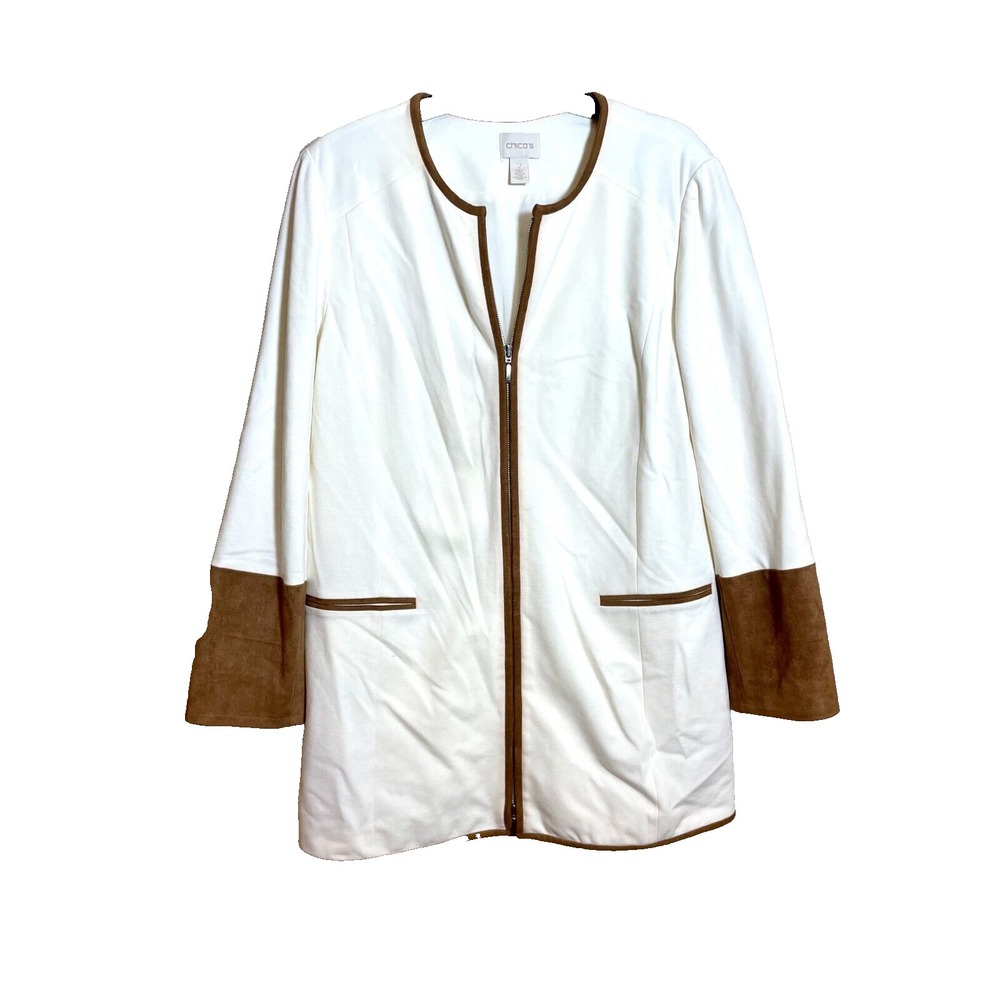 Chico's Ponte Blazer Jacket Womens Large White‎ Brown Full Zip Faux Suede Trim